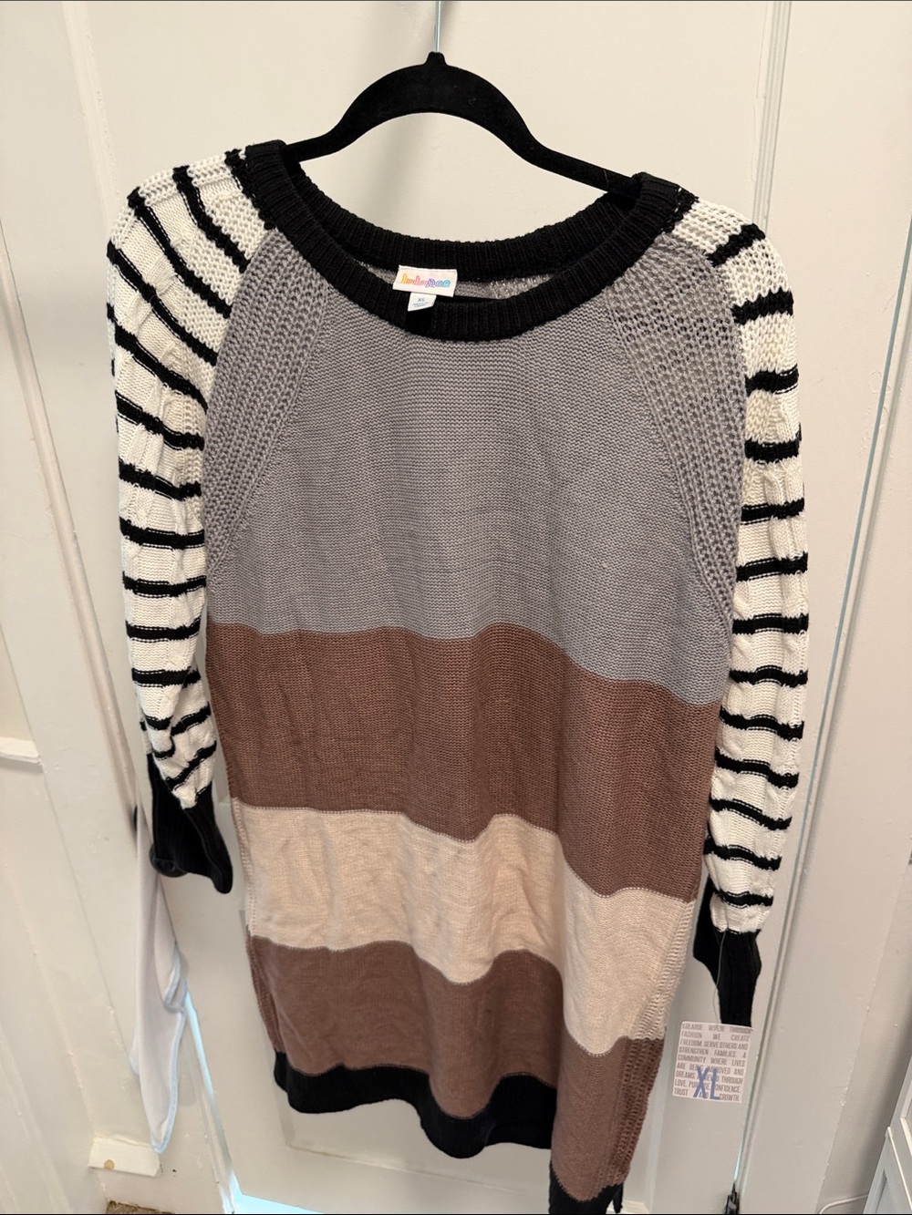 LuLaRoe Striped-Sleeve Colorblock Sweater - Gray, Brown, Cream, Black